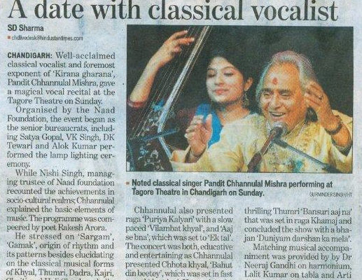 NAAD Foundation  organised a concert by Pandit Chhannulal Mishra (Renowned Hindustani classical singer from kirana gharana). Pandit Chhannulal Mishra is one of the greatest and most gifted classical vocalists of India.